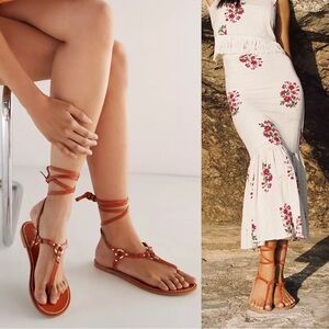 NWOT Anthropologie Pilcro Honey Brown Leather Harness Tie Up Thong Sandals